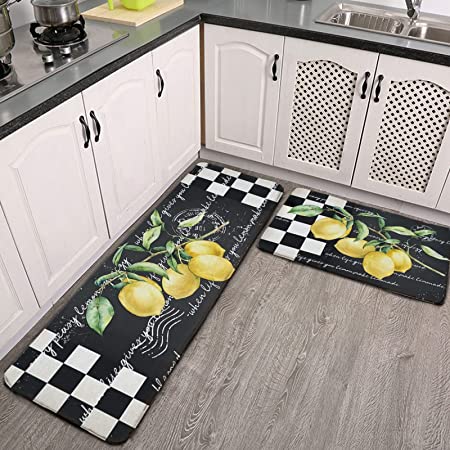 rocxemly Lemon Kitchen Mat Set of 2 Black and White Plaid Kitchen Rug Sets  17''x48''+17''x24'' Comfort Standing Mats Waterproof Stain Resistance Non 