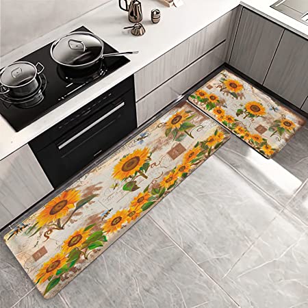 chiinvent Sunflower Farmhouse Kitchen Rugs 0.4 Inch Thick Anti Fatigue  Cushioned Kitchen Mat Set of 2 Non Skid Washable Memory Foam Kitchen Mats  for